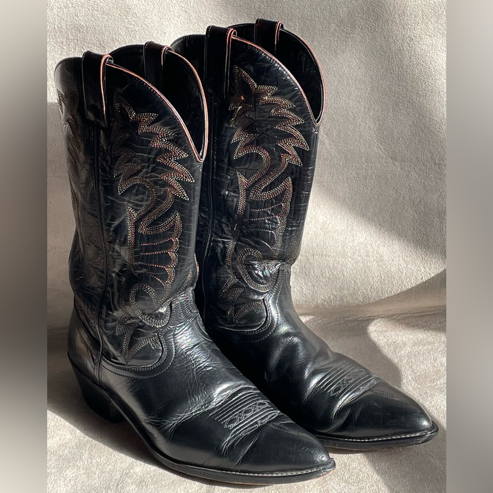 Men's Black Leather Cowboy Boots Wine/Gold /Silver Stitched Size 11.5 D